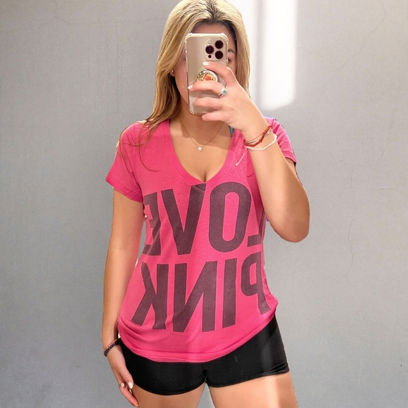 Victoria’s Secret PINK Hot Pink V Neck Tee Shirt - Picture 1 of 2